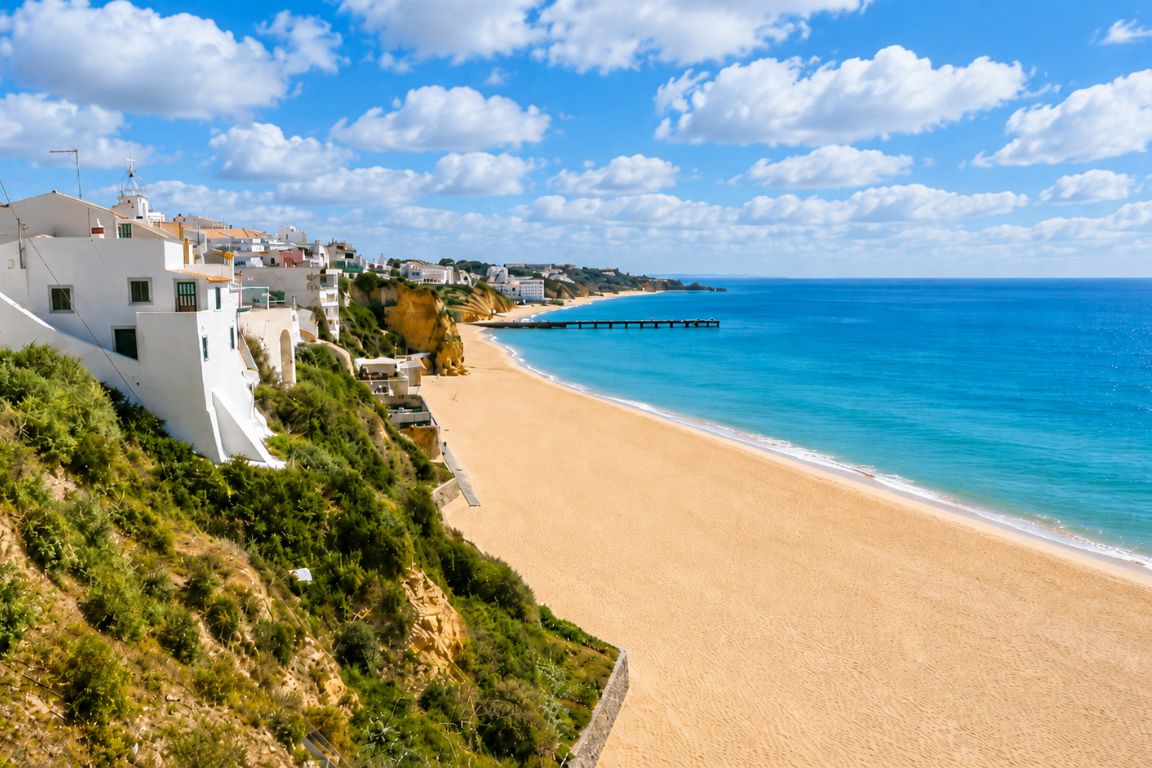 Albufeira's famous beachfront and historic whitewashed town overlooking the Atlantic Ocean visited during a sightseeing experience with Lagos Boat Tours