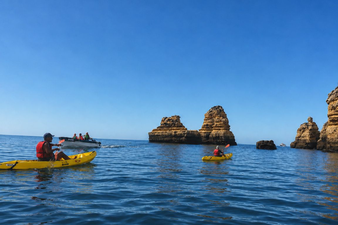 Kayaking into a sea cave near Ponta da Piedade