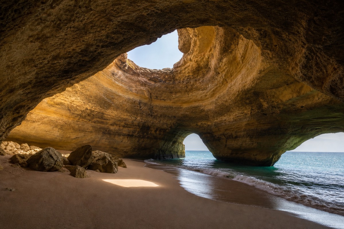 The domed skylight of Benagil Cave with sunlight falling on the sand and turquoise water