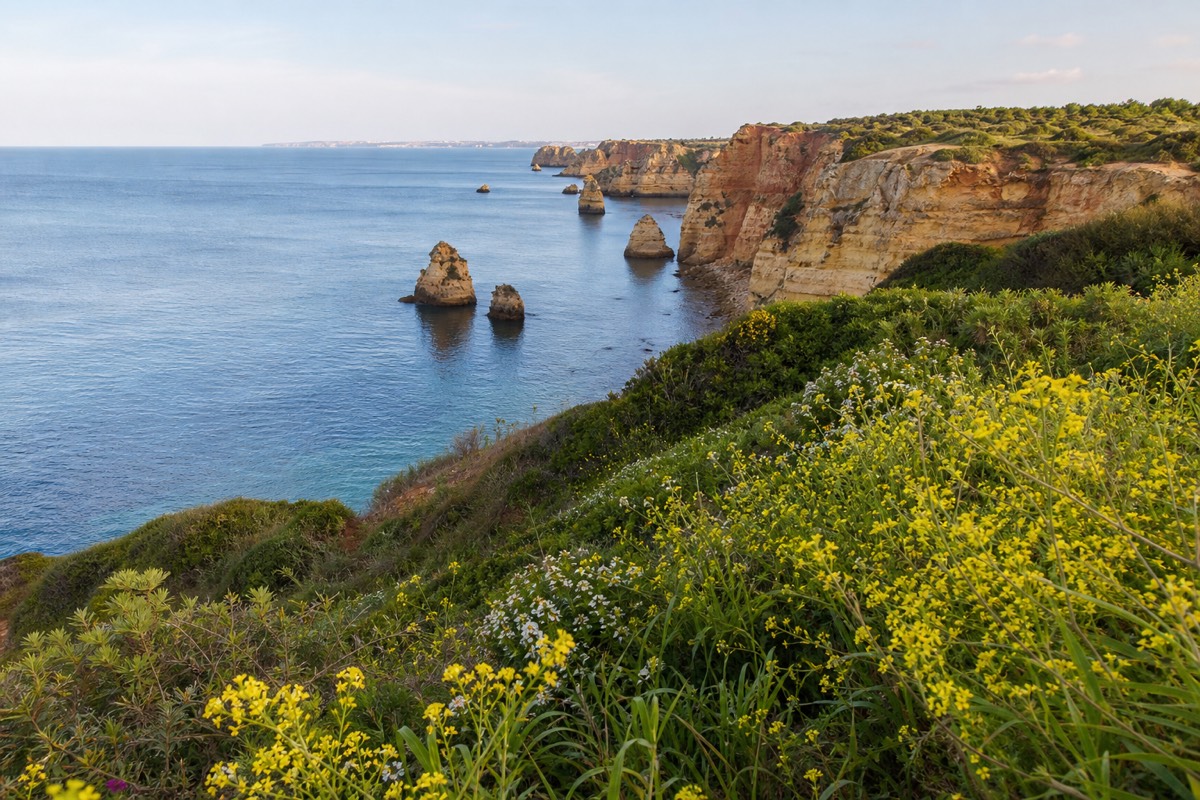 The golden cliffs of Ponta da Piedade near Lagos under clear Algarve light
