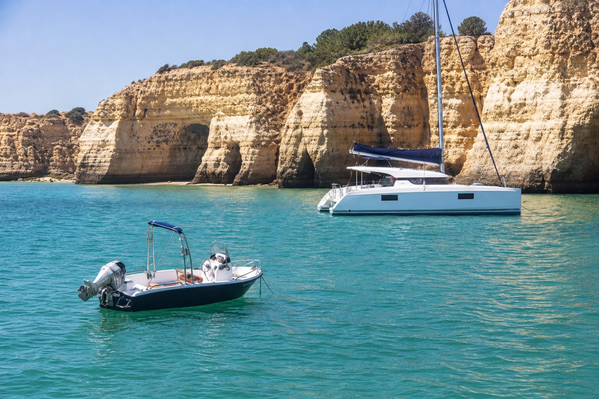 A small grotto boat and a catamaran on the turquoise water below the Lagos cliffs