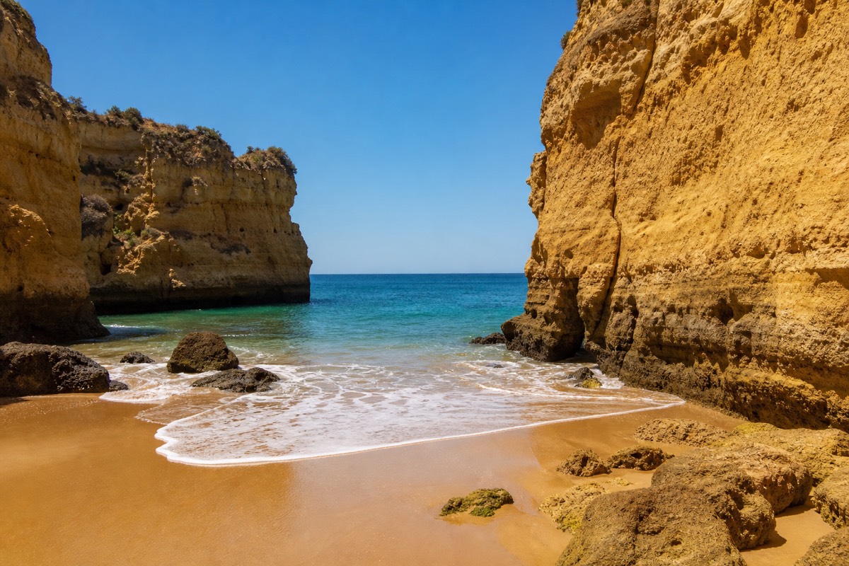 Golden cliffs and turquoise water at a cove beach in Lagos, Portugal