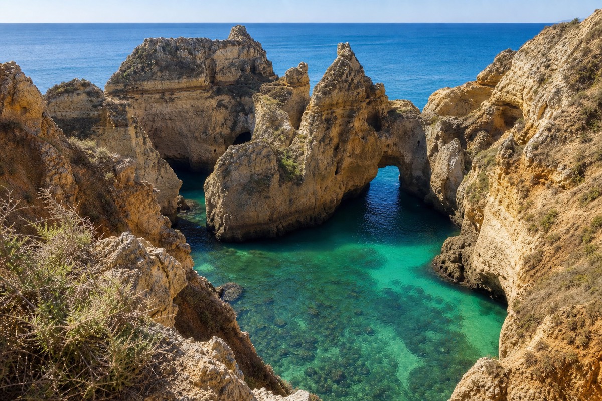 The golden cliffs and sea stacks of Ponta da Piedade near Lagos, Portugal