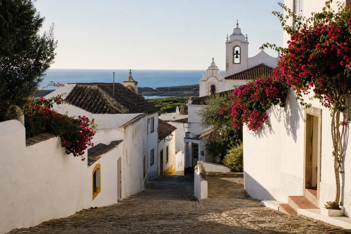 Whitewashed old town of Lagos above golden cliffs and the Atlantic on the Algarve coast
