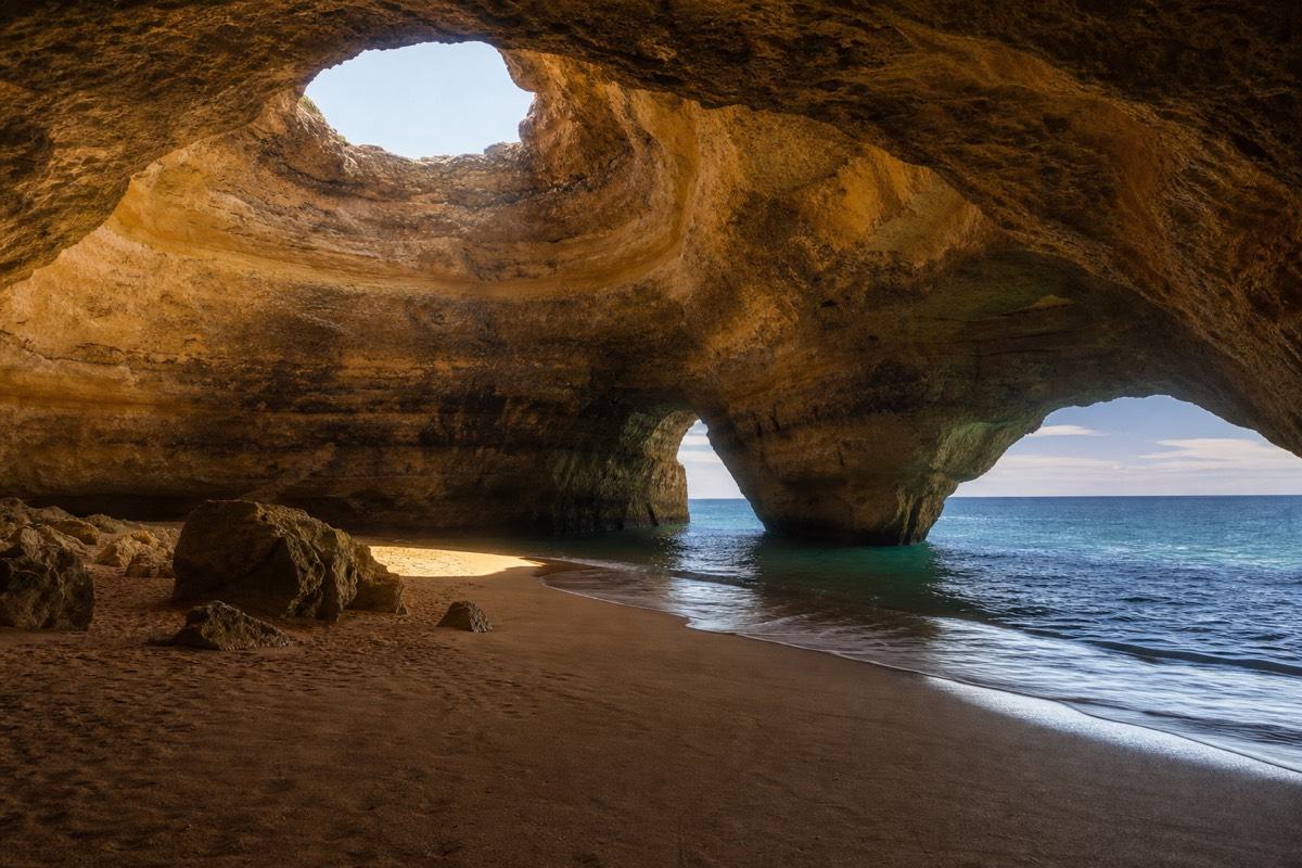 Inside Benagil Cave, beneath its collapsed-roof skylight