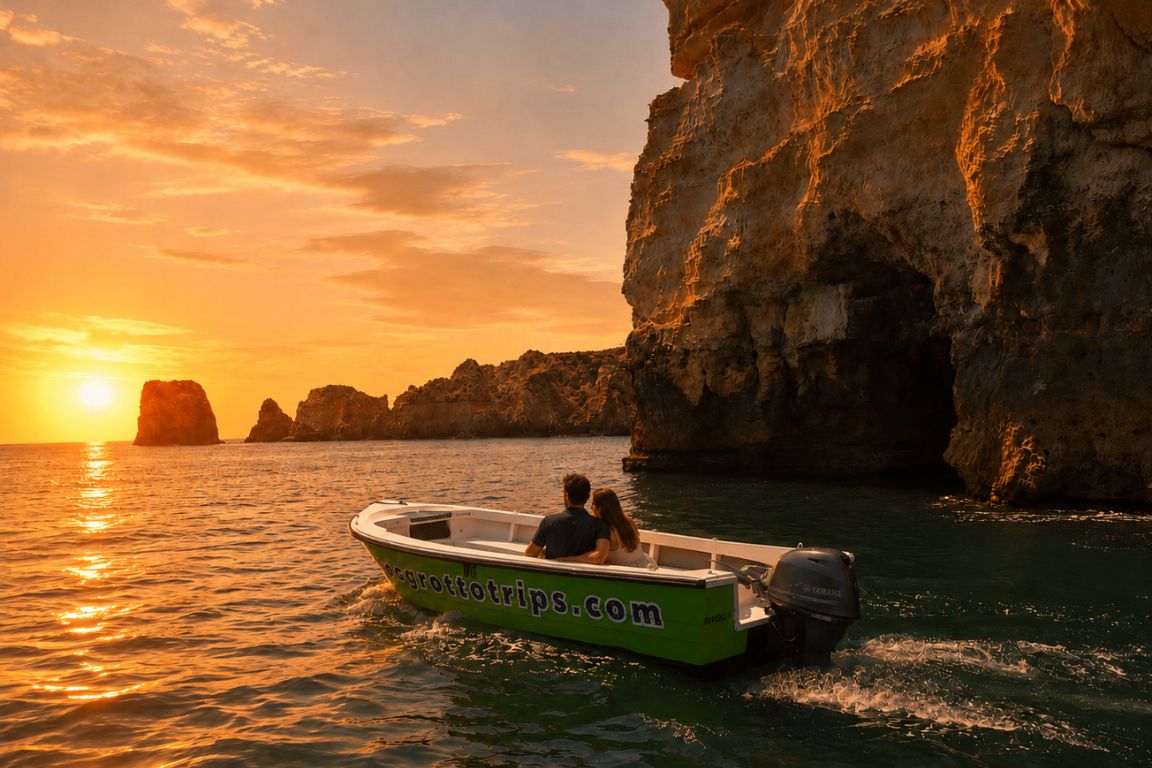 Couple enjoying a romantic grotto boat tour along the dramatic Algarve coastline at sunset during an unforgettable excursion with Lagos Boat Tours